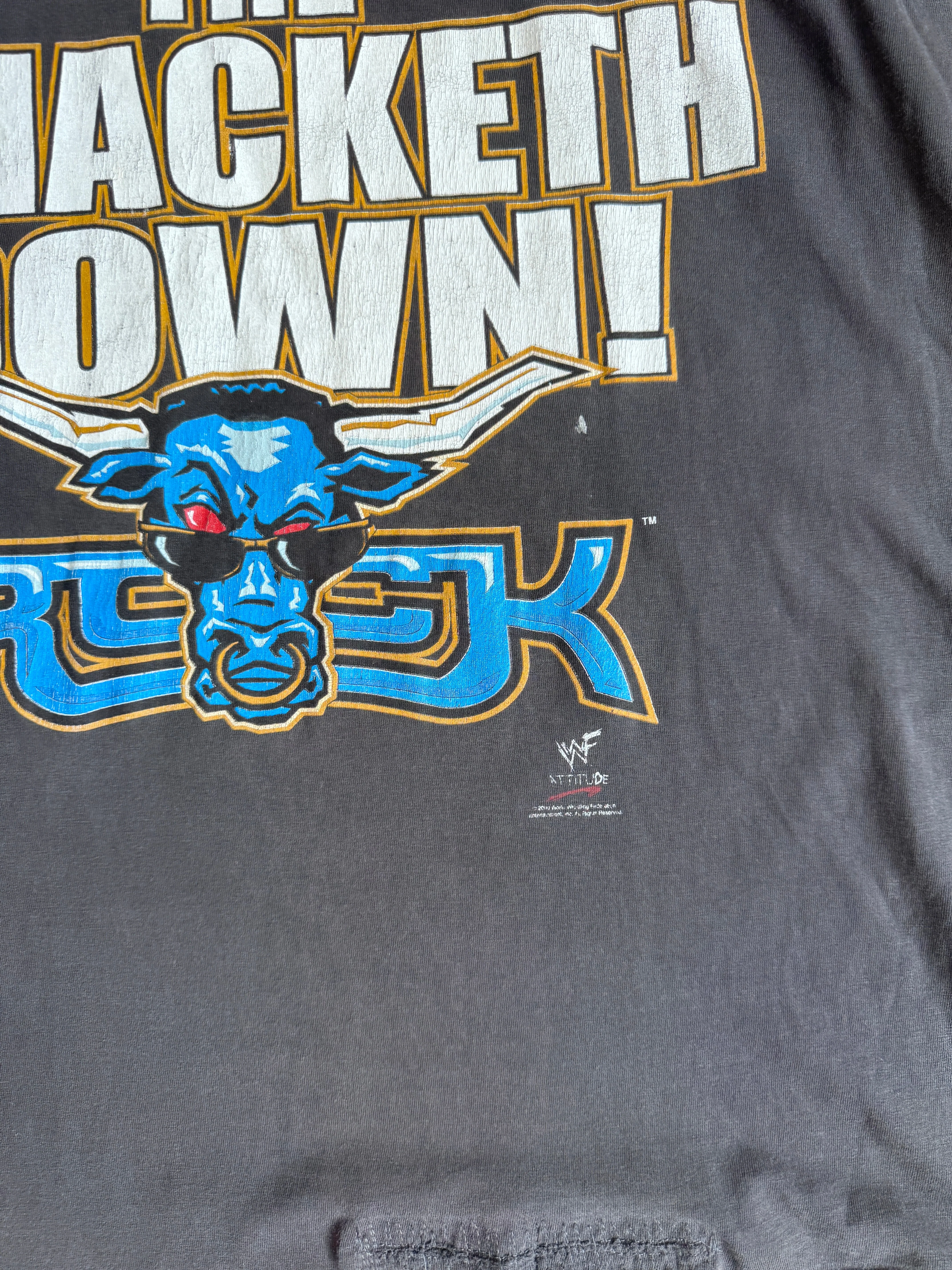 2000 WWE The Rock "Layeth The Smacketh Down" Washed Black Graphic Tee - Image 3